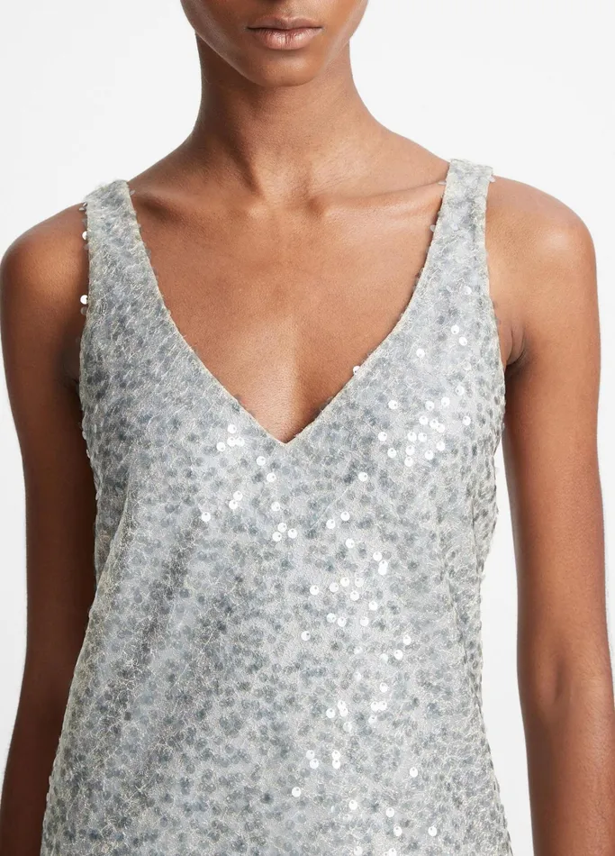 Vince Dresses Women Lucite Metallic Sequin Slip Dress Sea Slate