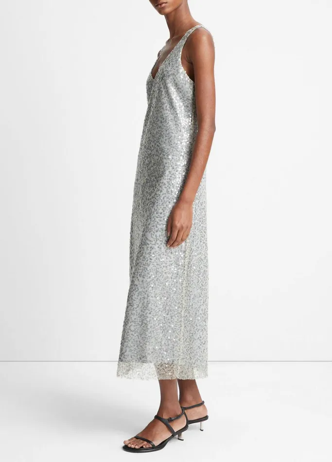 Vince Dresses Women Lucite Metallic Sequin Slip Dress Sea Slate