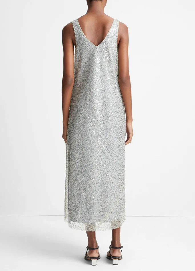 Vince Dresses Women Lucite Metallic Sequin Slip Dress Sea Slate