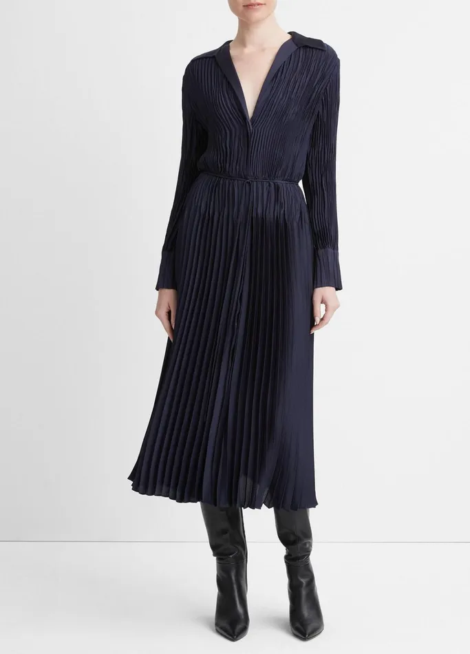 Vince Dresses Women PintuckPleated LongSleeve Shirt Dress Atlantic