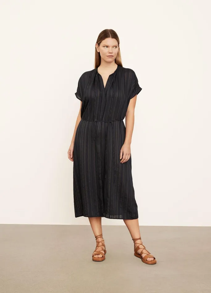 Vince Dresses Women Short Sleeve Drapey Stripe Shirred Dress Coastal Bluesandshell