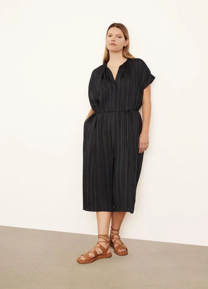 Vince Dresses Women Short Sleeve Drapey Stripe Shirred Dress Coastal Bluesandshell