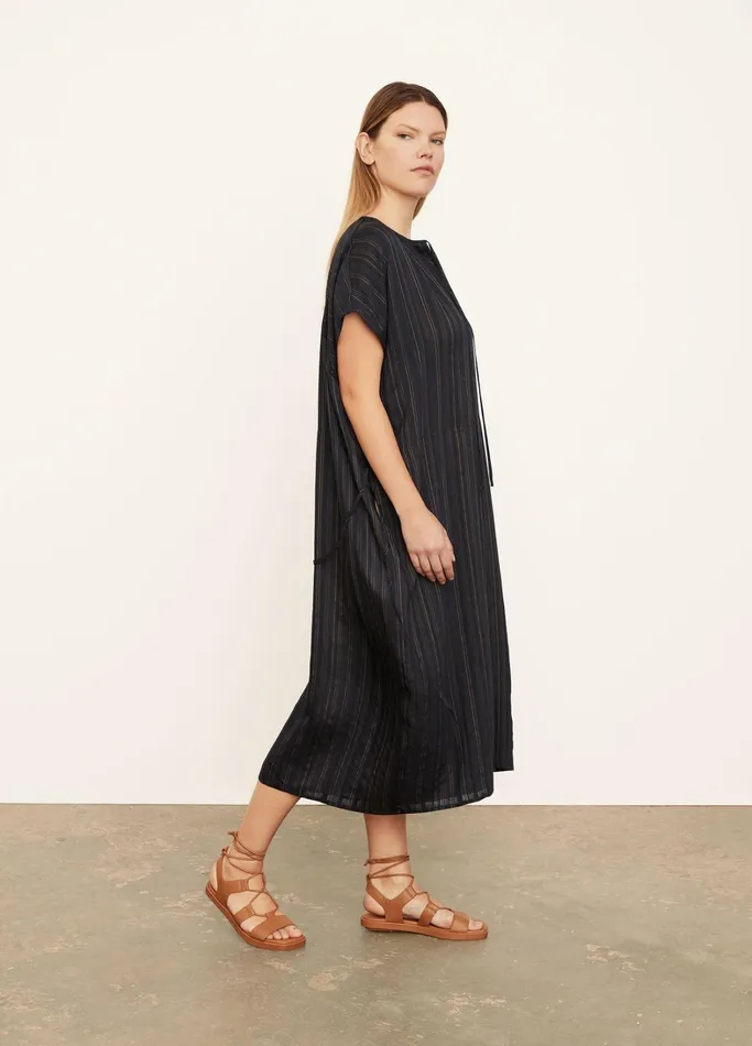 Vince Dresses Women Short Sleeve Drapey Stripe Shirred Dress Coastal Bluesandshell