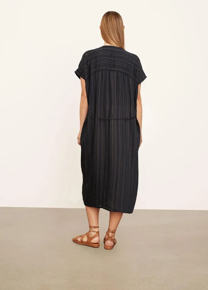 Vince Dresses Women Short Sleeve Drapey Stripe Shirred Dress Coastal Bluesandshell