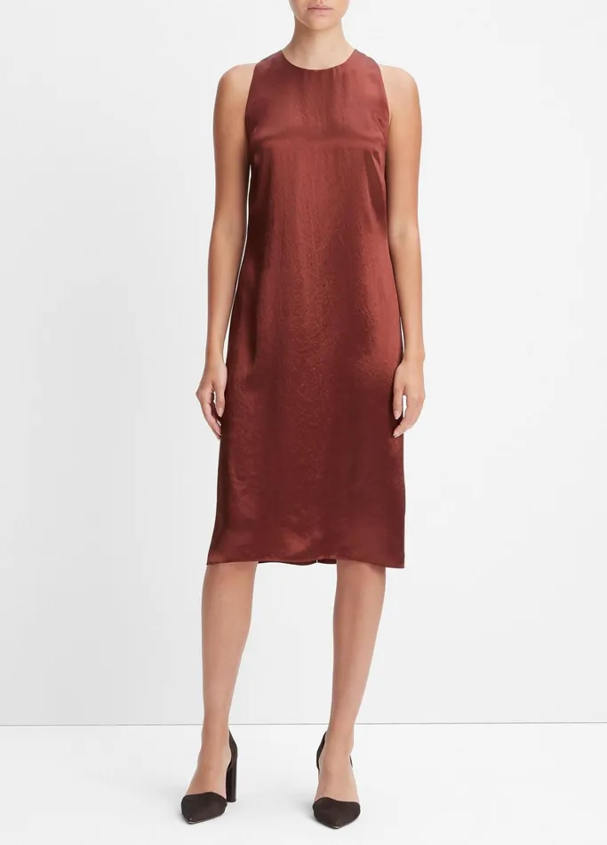 Vince Dresses Women Sleeveless Crew Neck Shift Dress Cinnamon Stick