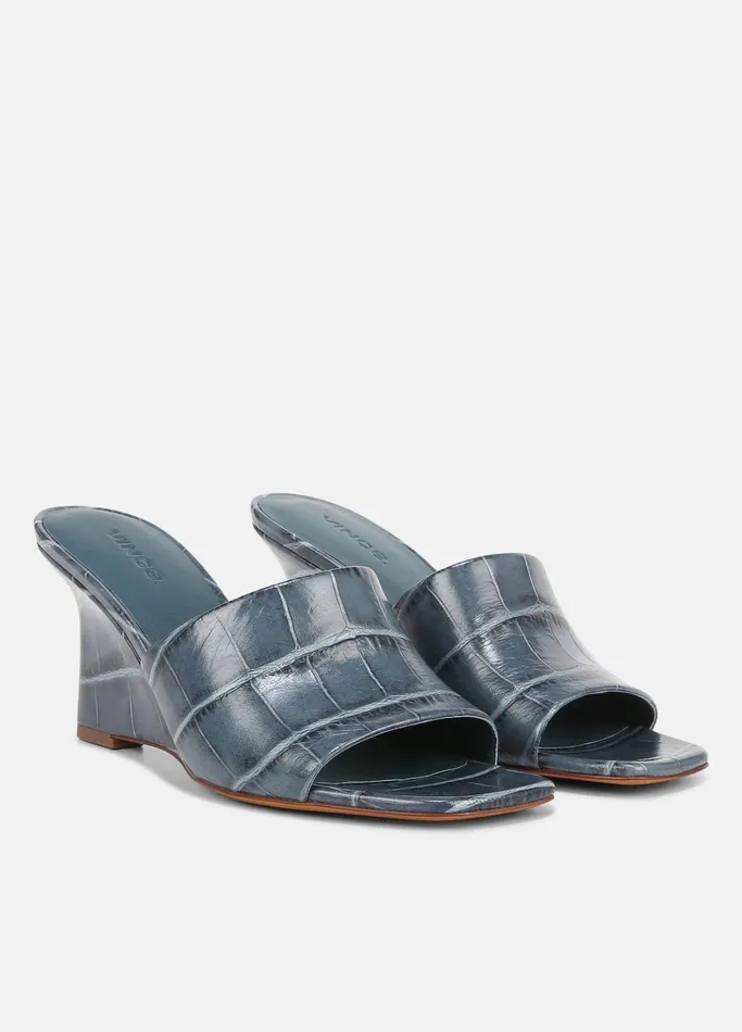 Vince Heels Women Pia Leather Wedge Sandal Deep Lake Blue