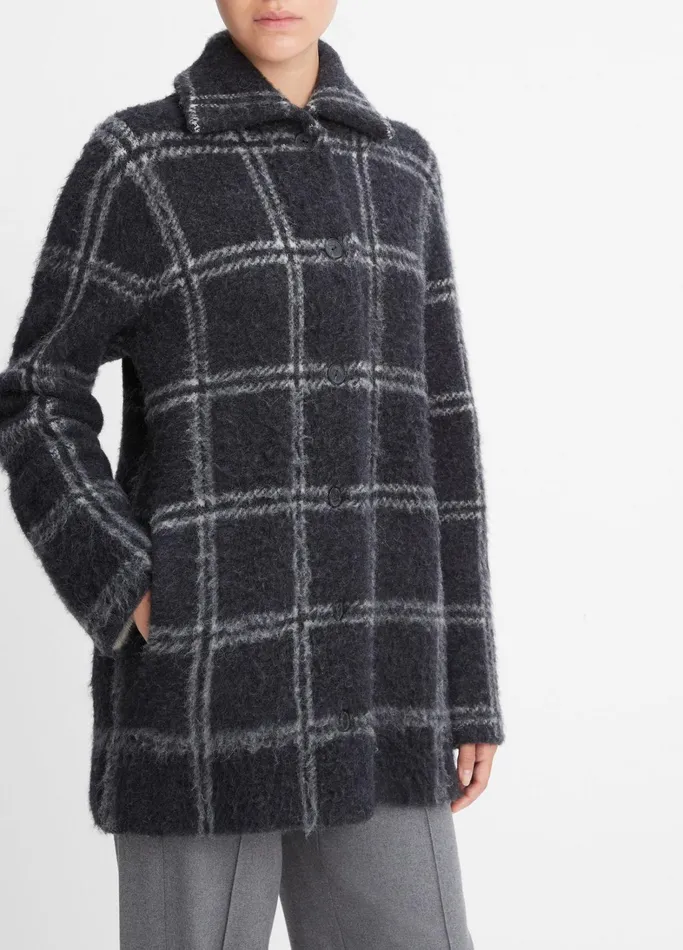 Vince Jackets and Outerwear Women Plaid Car Cardigan Coat Heather Charcoallatte