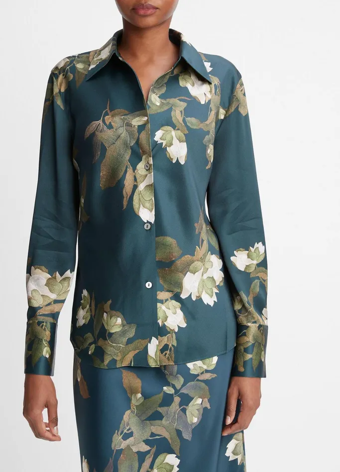 Vince Shirts and Tops Women Camellia Branch Silk Bias LongSleeve Blouse Azurine