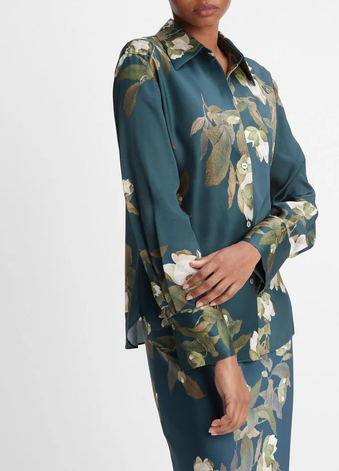 Vince Shirts and Tops Women Camellia Branch Silk Bias LongSleeve Blouse Azurine