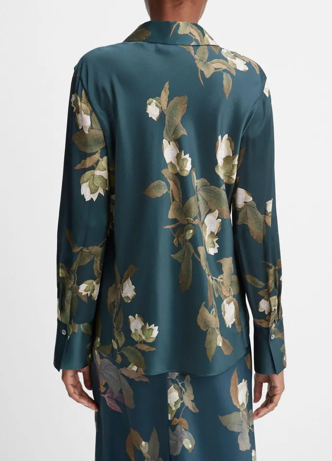 Vince Shirts and Tops Women Camellia Branch Silk Bias LongSleeve Blouse Azurine
