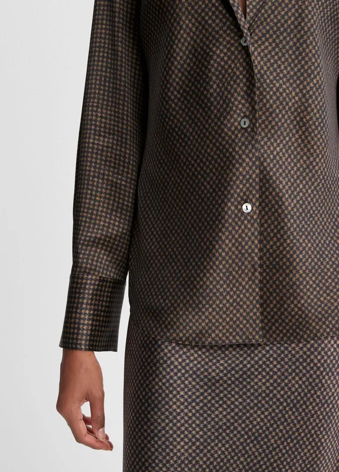 Vince Shirts and Tops Women Houndstooth Silk Bias LongSleeve Blouse Blackcamel