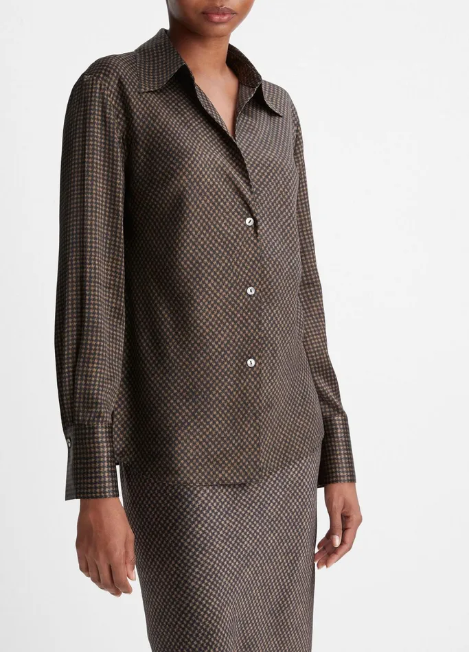 Vince Shirts and Tops Women Houndstooth Silk Bias LongSleeve Blouse Blackcamel