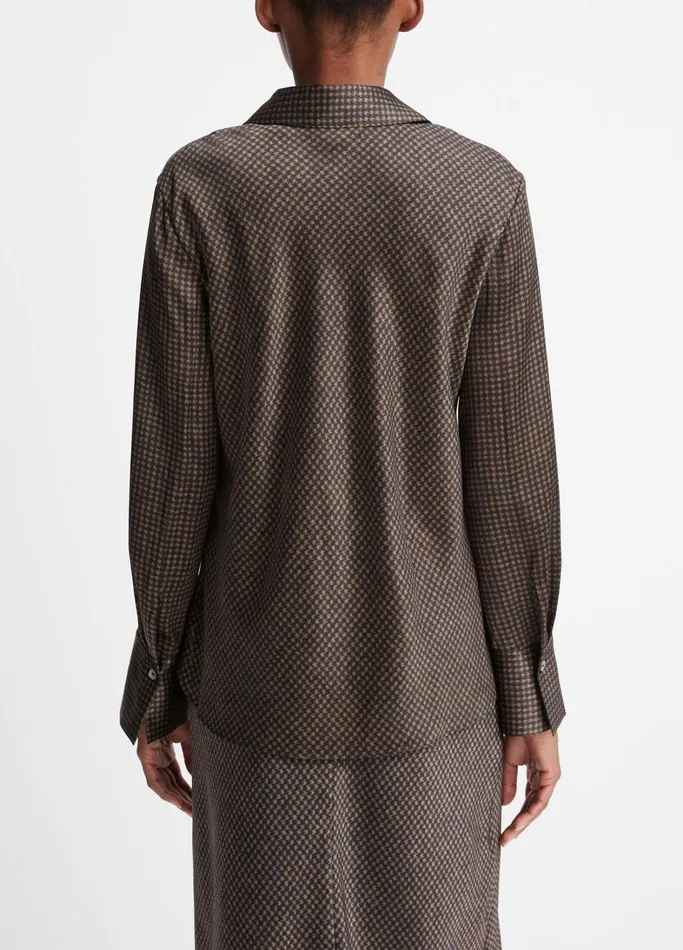 Vince Shirts and Tops Women Houndstooth Silk Bias LongSleeve Blouse Blackcamel