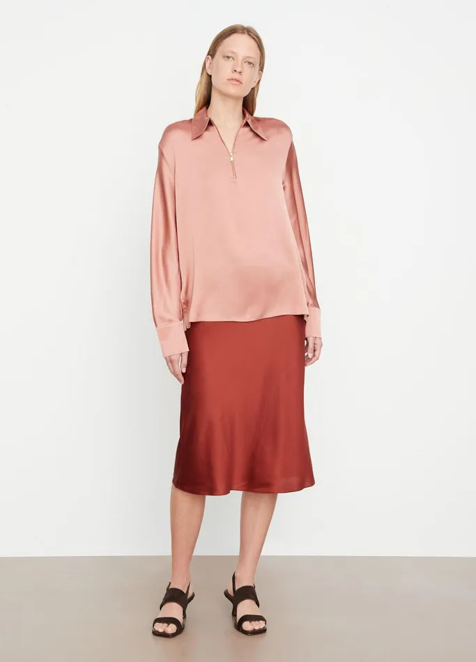 Vince Shirts and Tops Women Silk LongSleeve Zip Blouse Tea Rose