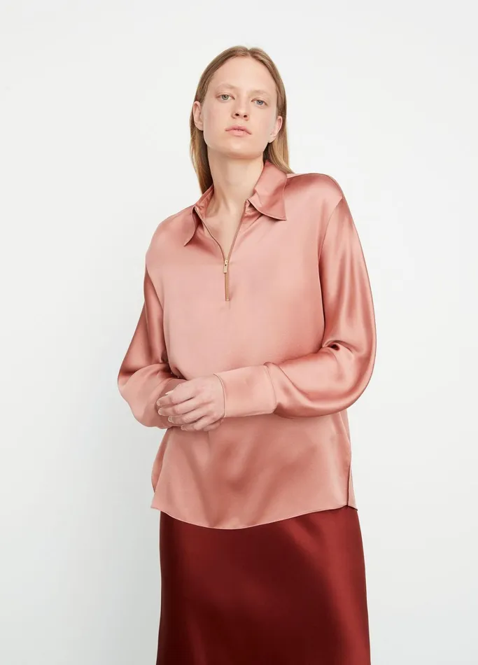 Vince Shirts and Tops Women Silk LongSleeve Zip Blouse Tea Rose