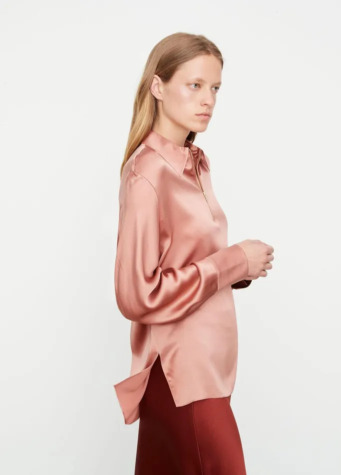 Vince Shirts and Tops Women Silk LongSleeve Zip Blouse Tea Rose
