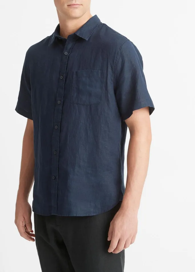 Vince Shirts Men Linen ShortSleeve Shirt Coastal Blue