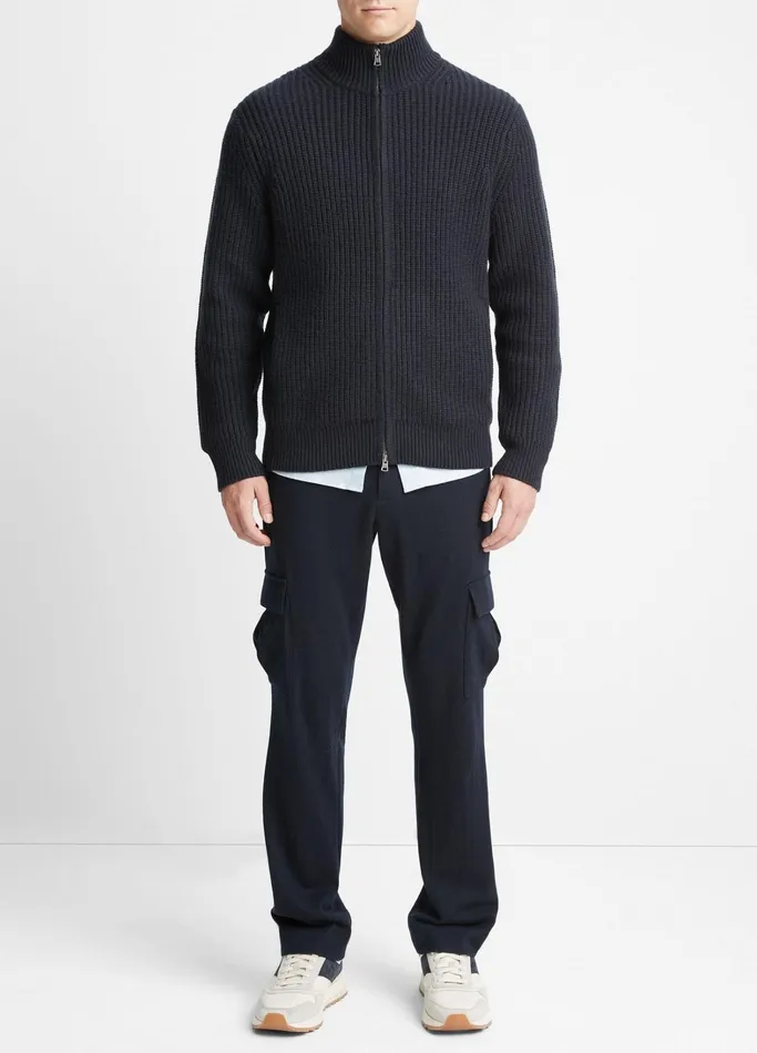 Vince Sweaters Men ShakerStitch WoolCashmere FullZip Sweater Coastal Blue
