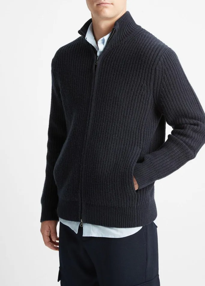 Vince Sweaters Men ShakerStitch WoolCashmere FullZip Sweater Coastal Blue
