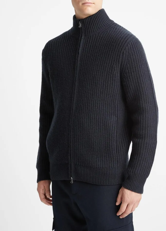 Vince Sweaters Men ShakerStitch WoolCashmere FullZip Sweater Coastal Blue