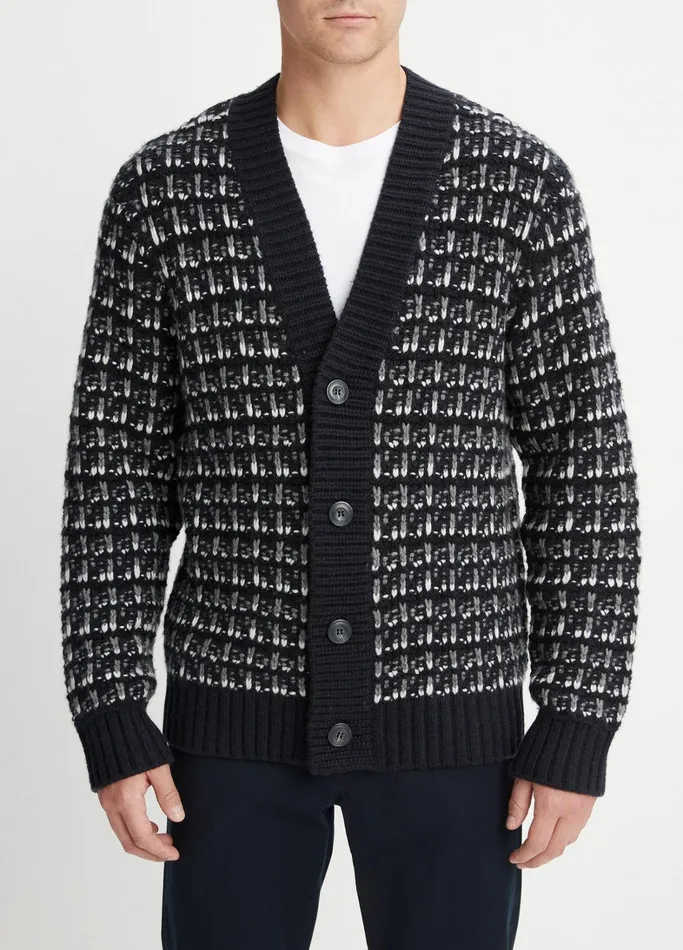 Vince Sweaters Men WoolCashmere Winter Tweed Cardigan Coastal Blue Combo