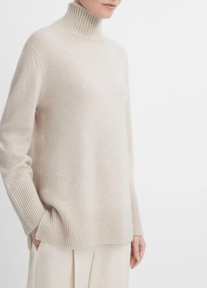 Vince Sweaters Women MixedGauge WoolCashmere Turtleneck Tunic Sweater Heather Hazel Cream