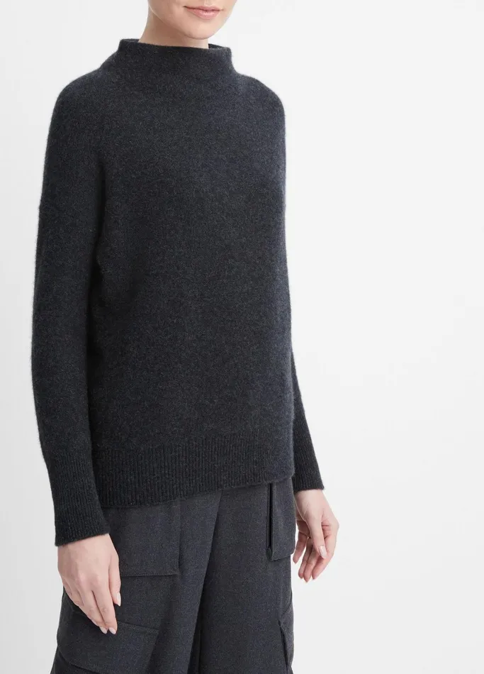 Vince Sweaters Women Plush Cashmere Funnel Neck Sweater Heather Charcoal