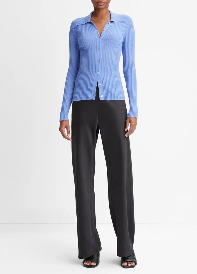 Vince Sweaters Women Ribbed CashmereSilk ButtonFront Polo Sweater Wave Quartz