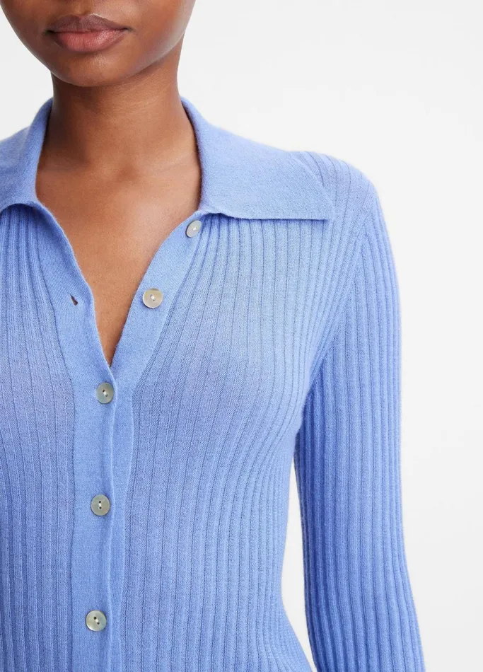 Vince Sweaters Women Ribbed CashmereSilk ButtonFront Polo Sweater Wave Quartz