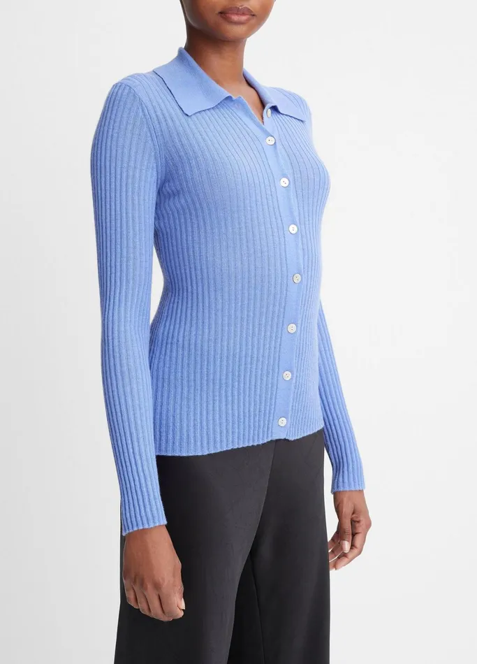 Vince Sweaters Women Ribbed CashmereSilk ButtonFront Polo Sweater Wave Quartz