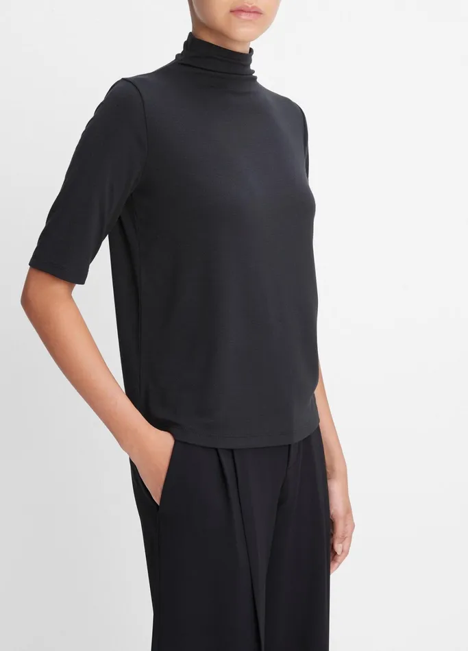Vince TShirts Women Relaxed ElbowSleeve Mock Neck TShirt Black