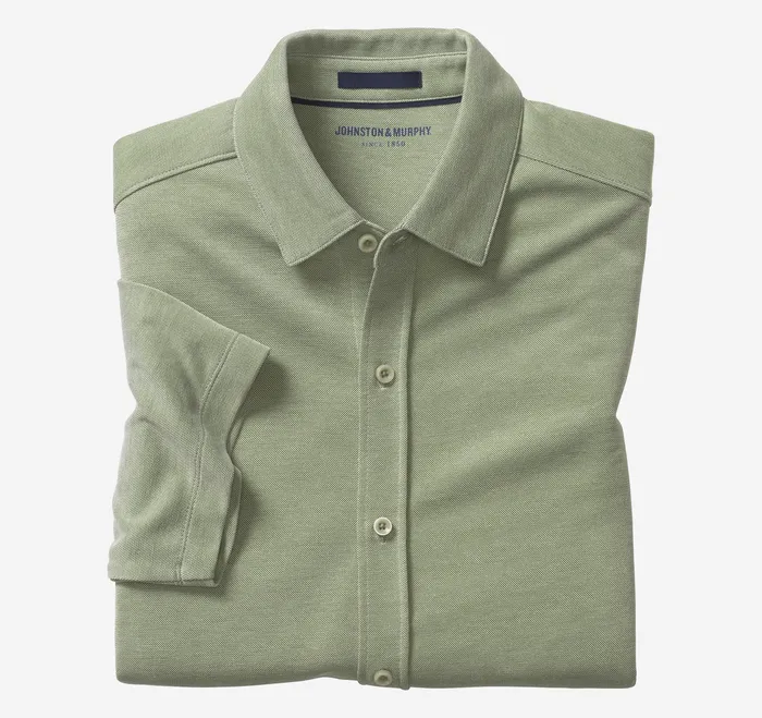Vintage Birdseye ButtonFront Shirt Green Men ShortSleeve Shirts Johnston and Murphy
