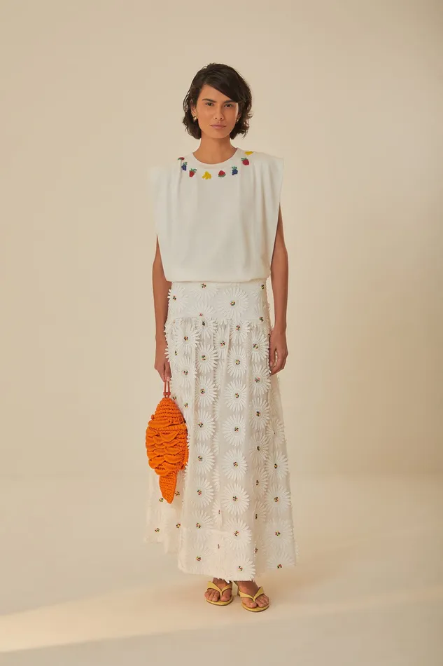 White Daisy 3d Flower Embroidered Maxi Skirt Women Farm Rio Skirts