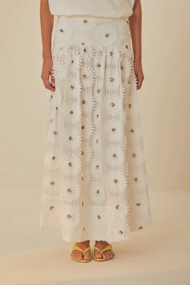White Daisy 3d Flower Embroidered Maxi Skirt Women Farm Rio Skirts