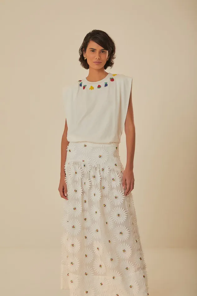 White Daisy 3d Flower Embroidered Maxi Skirt Women Farm Rio Skirts