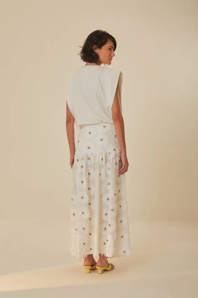 White Daisy 3d Flower Embroidered Maxi Skirt Women Farm Rio Skirts