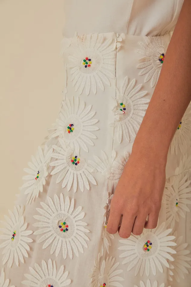 White Daisy 3d Flower Embroidered Maxi Skirt Women Farm Rio Skirts