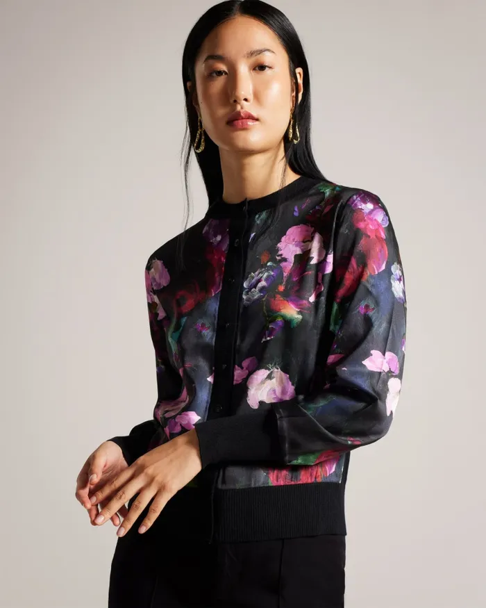 Women ABBALEE 8211 Printed Woven Front Cardigan Black Ted Baker Jumpers and Cardigans