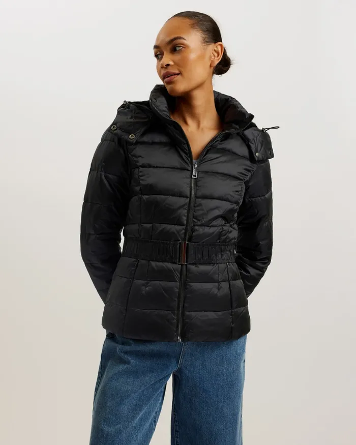 Women ABBIIEE 8211 Belted Padded Coat With Detachable Hood Black Ted Baker Coats and Jackets