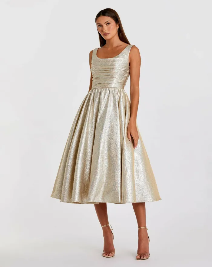 Women Best Sellers Mac Duggal Gold Square Neck Sleeveless A Line Dress Oyster