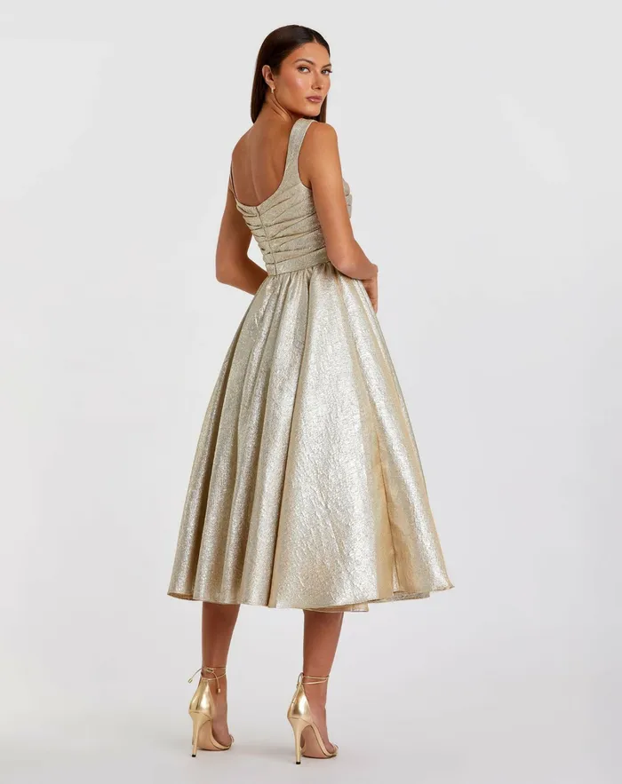 Women Best Sellers Mac Duggal Gold Square Neck Sleeveless A Line Dress Oyster