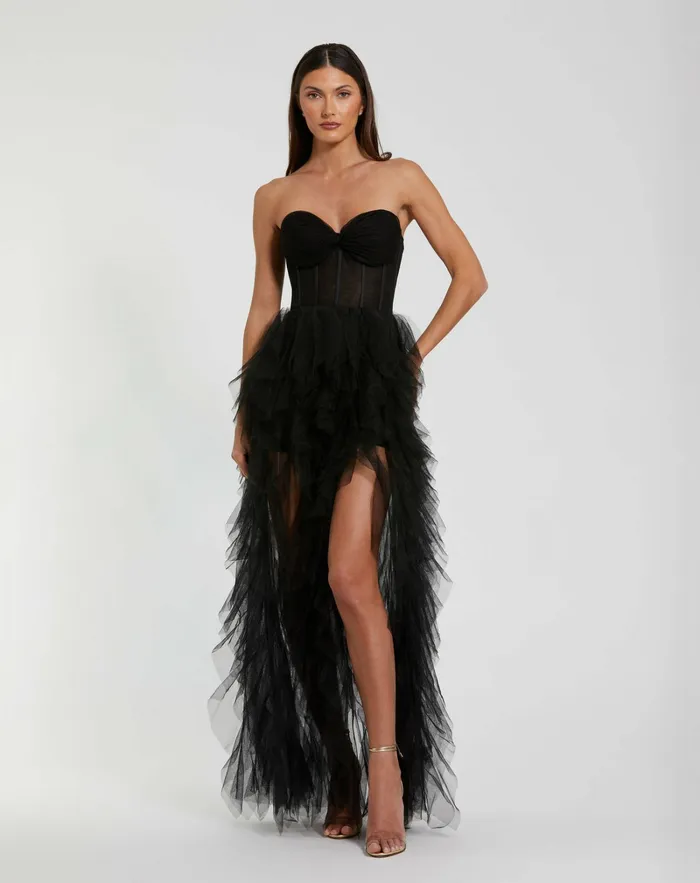 Women Best Sellers Mac Duggal Strapless Bustier Net Gown With Spiral Ruffles Black