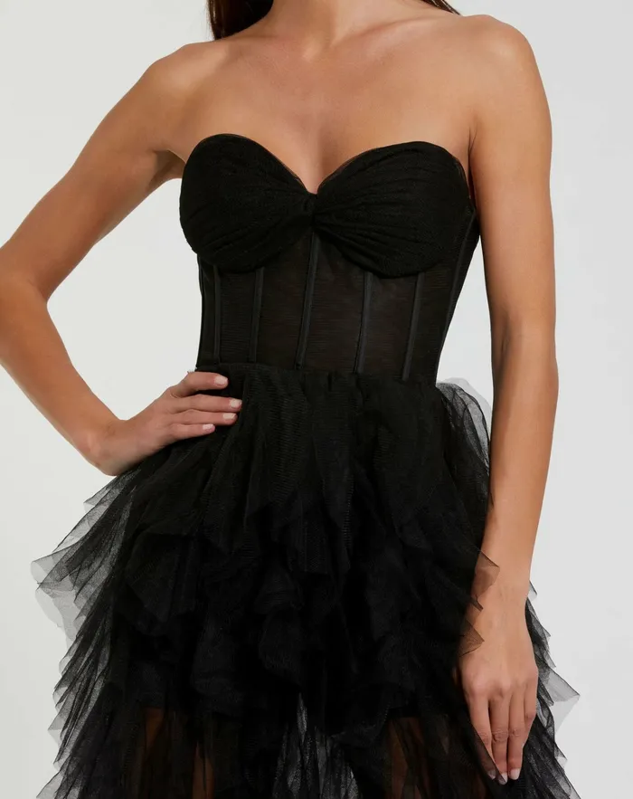 Women Best Sellers Mac Duggal Strapless Bustier Net Gown With Spiral Ruffles Black Women Best Sellers Mac Duggal Strapless Bustier Net Gown With Spiral Ruffles Black