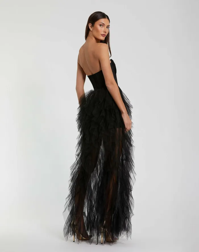Women Best Sellers Mac Duggal Strapless Bustier Net Gown With Spiral Ruffles Black Women Best Sellers Mac Duggal Strapless Bustier Net Gown With Spiral Ruffles Black
