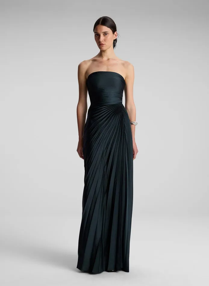 Women Bianca Strapless Pleated Maxi Dress Forest ALC Dresses