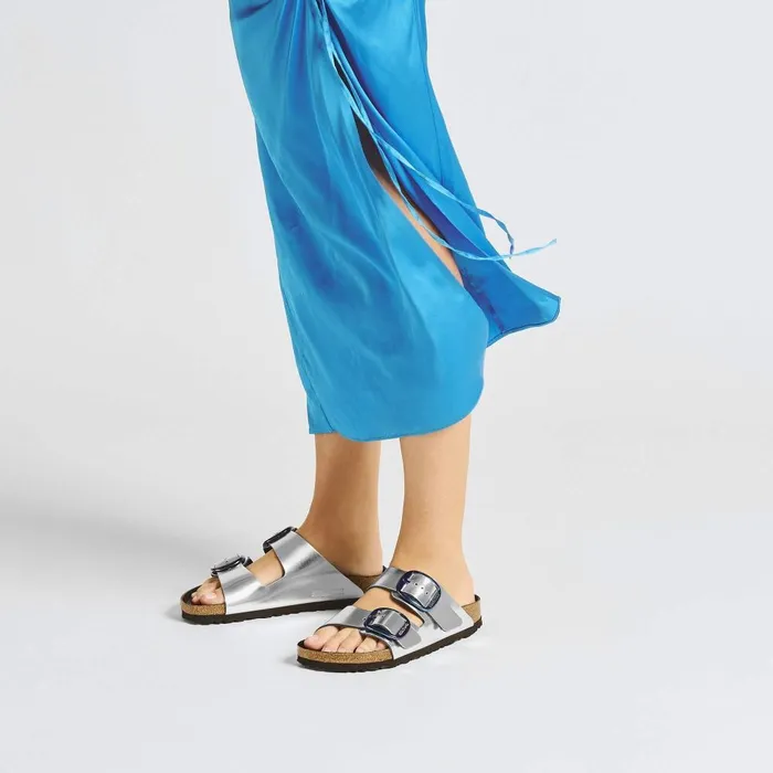 Women Birkenstock TwoStrap Arizona Big Buckle Metallic Silver