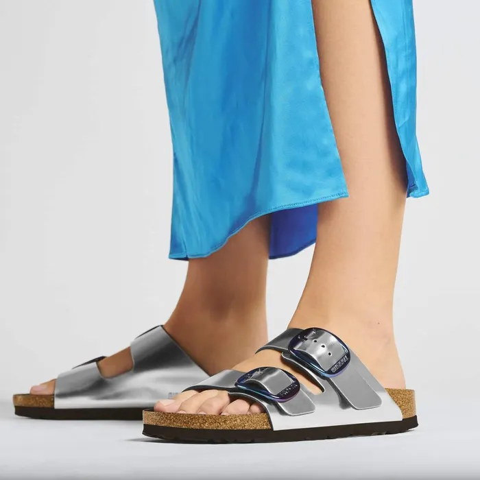 Women Birkenstock TwoStrap Arizona Big Buckle Metallic Silver