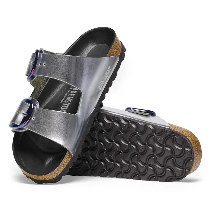 Women Birkenstock TwoStrap Arizona Big Buckle Metallic Silver