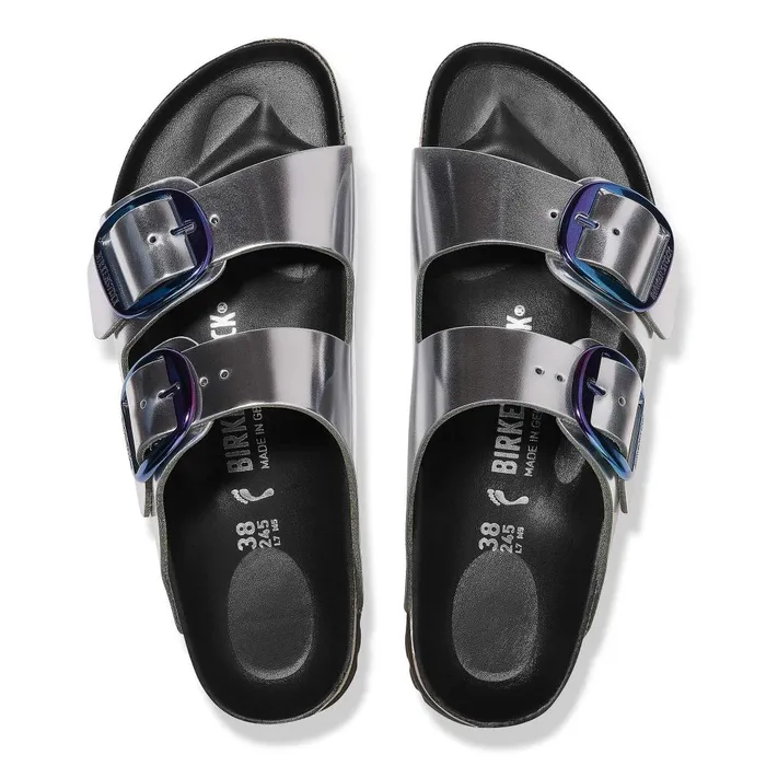 Women Birkenstock TwoStrap Arizona Big Buckle Metallic Silver