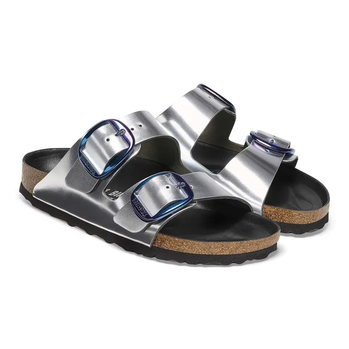 Women Birkenstock TwoStrap Arizona Big Buckle Metallic Silver